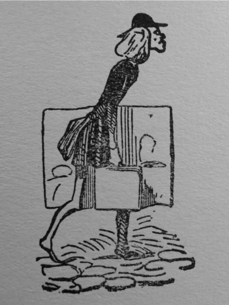Alt text: Black and white sketch depicting a Bohemian painter from the July Monarchy era with long hair, wearing a hat, and carrying a canvas on a street paved with stones. The focus is on the artist, illustrated in a side profile, in a flowing, detailed cloak.