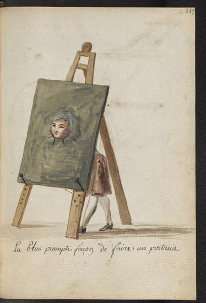 A historical painting depicting an artist's studio environment where a portrait is set on an easel. The portrait features a sitter in traditional outfits associated with the Ancien Régime, specifically habits à la française. The artist, visible only partially on the right side, wears painters' attire and stands near the canvas, capturing the essence of portrait sitters. Notable elements include the easel and the partially completed painting within a painter's studio setup.