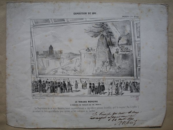 An old print depicting a Salon exhibition from 1841 with a large audience observing a painting. The scene includes several people in military uniforms and other outfits, viewing artworks. Notably, there is one person holding a telescope. The detailed setting showcases the cultural context of the July Monarchy period.