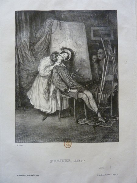 A detailed engraving depicting a scene inside an artist's studio, showcasing a woman in a smock embracing a painter who is also dressed in a smock. The studio is filled with various items including artists' brushes, an easel, paintings, and a mannequin. In the background, a figure peeks out from behind a curtain, observing the scene.