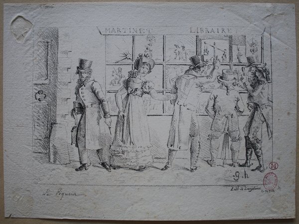 A detailed caricature featuring several figures, including women and men, wearing top hats and visible near a window display marked "Librairie." One individual holds an umbrella, and another uses a loupe. The setting is in front of a building labeled "Martinet Libraire." Elements of restoration are evident.