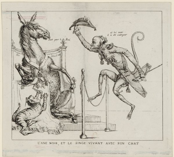 An illustration featuring a donkey and a monkey holding a cat, with details like bicorne hats, habits à la française, medals, and swords. The donkey and monkey appear in ceremonial attire, suggestive of figures like Napoleon Bonaparte and Pierre-Louis Jean Casimir, Duke of Blacas.