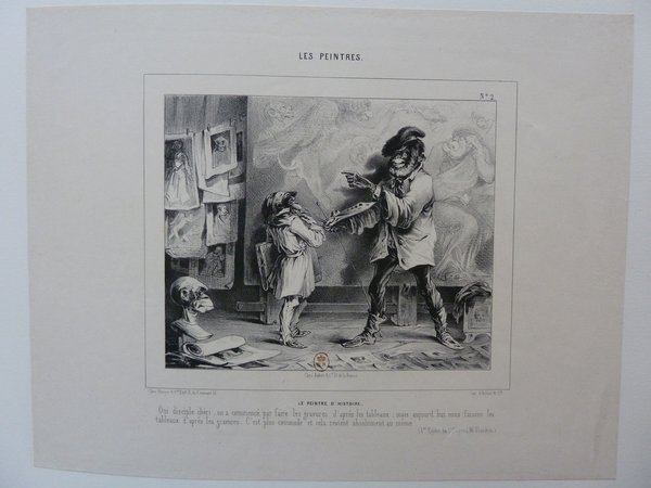 A black and white print named "Les Peintres," depicting an artist that is an anthropomorphized monkey in a bohemian outfit, using a palette and mahlstick while painting in a studio filled with statues, prints, and paintings. The painter is directing another monkey in an outfit. Besides them is a bust statue of a monkey head. The scene captures elements of pedagogy and studio practice during the July Monarchy era, inspired by Jean-Auguste-Dominique Ingres.