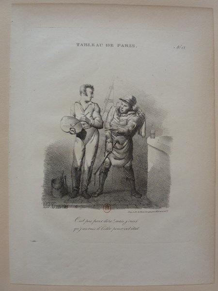 An engraved image depicting two figures: one, a painter with brushes, a palette, standing next to an easel with a painting, and the other possibly a shopkeeper or client, beside bottles, in what appears to be a shop setting with a ladder and signs, indicating a scene of artistic occupation or restoration.