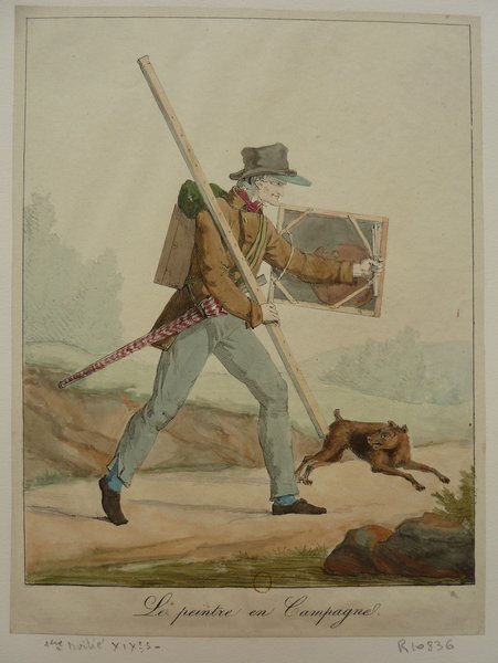 An illustration showing an artist in a rural area carrying a palette, paintings, and brushes, accompanied by a dog. The artist is also holding an umbrella while walking across a landscape setting.
