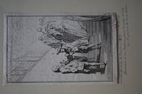 An engraving showing a scene in an art exhibition during the Ancien Régime. The image depicts connoisseurs and art critics in a salon, examining and discussing paintings. Several individuals, including women, are dressed in outfits à la Française, some using canes and loupes. The setting is ornately detailed, suggestive of a public exhibition typical of the period.