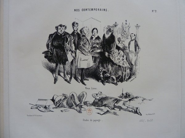 A black and white illustration depicting several figures in attire from the July Monarchy period. The scene includes two groups of women and men, some interacting or facing each other. In the foreground, there are scattered artist's tools such as a palette, mahlsticks, and a book, indicative of a rural landscape setting. The caption, "Nos Contemporains," and publication details also appear.