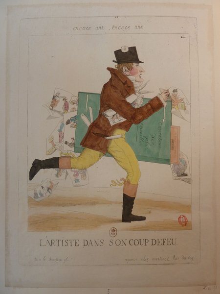 Historical print featuring a caricature of a man in a hat and coat, running with a folio full of papers spilling out. The image is tagged with terms related to printmaking and suggests a bustling street scene. The folio contains various smaller caricatures and drawings.