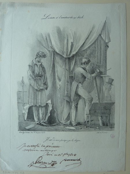 An etching depicting two individuals in a studio, one dressed in a bourgeois outfit with a top hat and the other in a smock, using a palette and mahlstick at an easel. Surrounding them are a folio, a statue, additional easels, and optical devices. The scene suggests an interaction between an art critic and a painter amidst art restoration or creation.