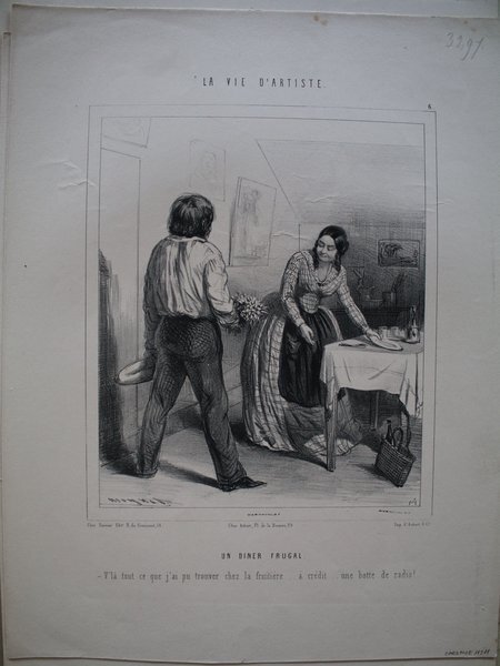 Black and white illustration of an indoor scene featuring a male painter with long hair and a woman, set during the July Monarchy period. The man, standing, faces a seated woman surrounded by paintings, suggestive of an artist's studio environment.