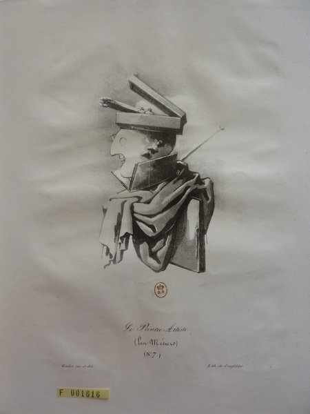 Black and white illustration of a caricature wearing a flat cap with a tassel with a pallete as the face of the figure. The figure holds a long, thin rod resembling a mahlstick. The image features labels in French and an archival tag in the foreground. The setting appears suitable for art restoration.