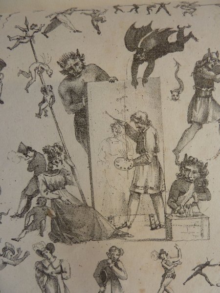 An artist in a studio works at an easel, painting a female model holding a mahlstick. The image contains a variety of fictional characters and animals in dynamic poses around the central figures. Elements like artists' brushes, paintings, and tools are also visible. The scene suggests a fantastical theme.