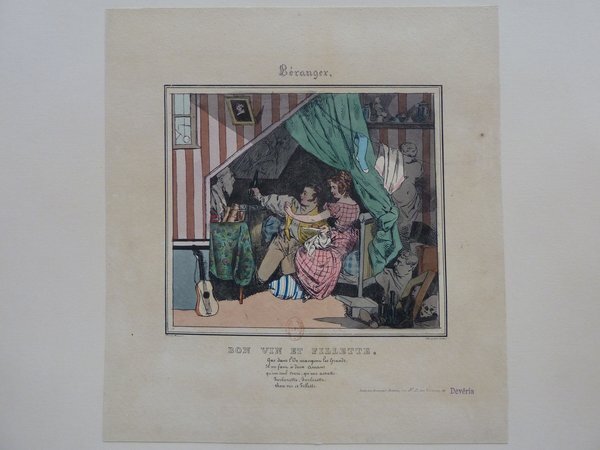 A colorful artwork depicting a Bohemian painter's studio scene with a woman and a man involved in a romantic gesture. The room is filled with various items including a guitar, statues, drinking vessels, and painting tools, reflecting themes of romance, restoration, and the arts.