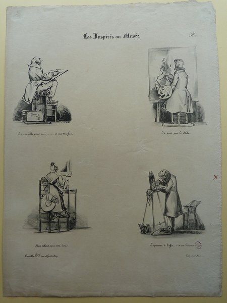 A page titled "Les Inspirés au Musée" illustrating four black and white sketches of individuals engaged in artistic activities. From left to right, top to bottom: a man in a top hat sitting and painting on an easel, a man in a bourgeois outfit adjusting a drawing on an easel, a man seated facing an easel with a palette in hand, and a woman in a hat at an easel doing restoration. Each artist uses brushes and palettes, placed in a museum setting.