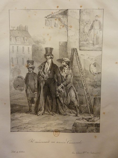 This image features an artistic depiction with individuals in bourgeois outfits and top hats. A painter, holding a palette, is visible in a storefront where restoration work like painting is evident, indicated by the presence of ladders. Signs and further elements hinting at street entertainment add to the scene's ambiance.