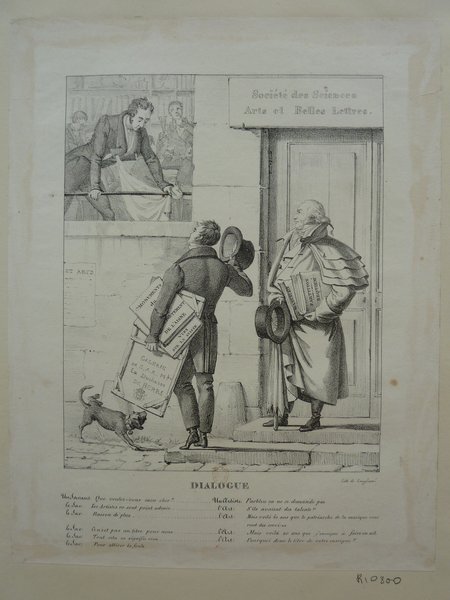 Black and white etching depicting various individuals interacting in an urban setting during the July Monarchy. Features include art critics, an artist, bourgeois outfits, musicians, and dogs. Some figures are wearing top hats and wigs, one is carrying books, and another is holding an umbrella. A building sign reads "Societe des Sciences, Arts et Belles Lettres."
