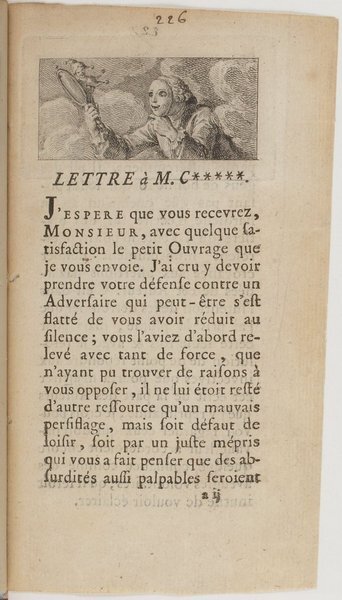 An illustration of a figure from the Ancien Régime, dressed in a Habit à La Française and a wig, looking into a handheld mirror, appearing amidst fluffy clouds. The image is located at the top of a page with French text, labeled "LETTRE à M.C*****".