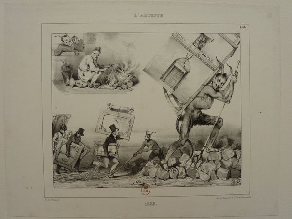 An allegorical black and white illustration featuring multiple scenes with figures in various Bohemian outfits including top hats. The image includes a painter, a devil figure holding a sign, a fire possibly in a furnace, and statues. The setting might represent an artist studio environment during the July Monarchy period. Elements like paintings, facial hair, and other artistic paraphernalia are depicted.