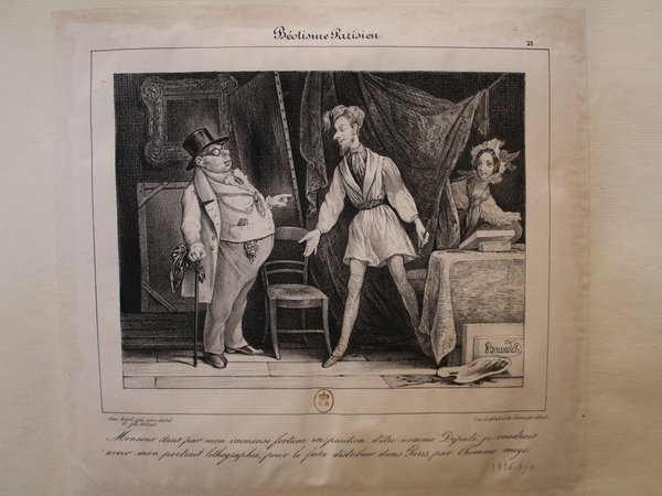 A lithographic print depicting three figures in a studio setting during the July Monarchy. The scene includes a man in a top hat and cane, a romantic painter with a smock and palette, and a woman in a bohemian outfit beside a table with lithographic stones and paintings.