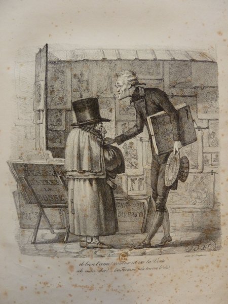 An illustration depicting two figures on a street, both wearing top hats and one in a wig. They are interacting near a folio and prints displayed by bouquinistes. The setting suggests a street vendor scene possibly during the Restoration period.