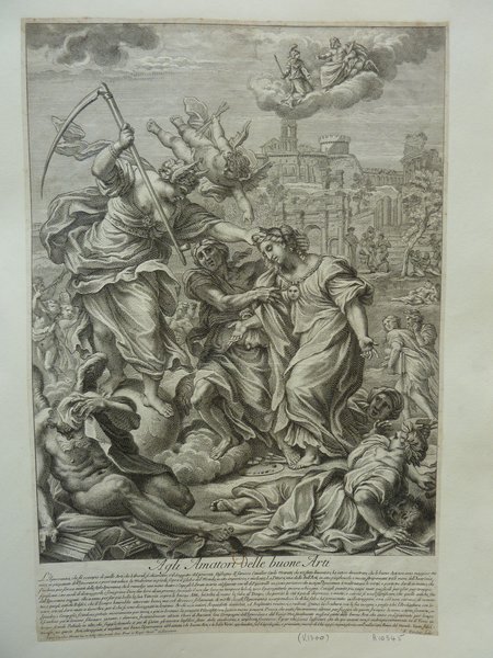 An intricate engraving depicting a dramatic scene outdoors with multiple figures including women, Jupiter, Athena, and Bacchus. A satyr, demons, and donkeys appear amidst the quarreling figures. Figures symbolizing Time and Fame are also present, with Fame blowing a trumpet. The composition includes laurels and classical architecture in the background.