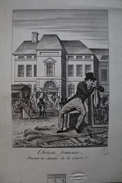 A detailed black and white illustration depicting a scene on a street in front of a large building, possibly a consulate. The foreground features a man in a top hat and waistcoat using artists' brushes near easels and mahlsticks. In the background, a procession includes figures in military uniforms and outfits characteristic of women, moving through the street.