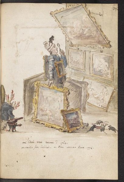 An illustration depicting a scene indoors with a figure examining paintings using a loupe. Several framed artworks are leaned against each other, and various items are scattered around the room, suggesting a boutique-like setting related to art collectors or critics during the Ancien Régime. The presence of animals is indicated by a small figure resembling a dog near the bottom.