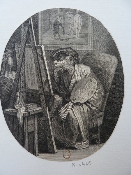 This image depicts a monkey dressed in smock, simulating the role of a painter in a studio setting. The monkey holds a palette and artists' brushes, seated near an easel. A painted scene featuring figures in Commedia dell'Arte style is partially visible on the canvas. The scene is framed in a monochrome, oval composition.