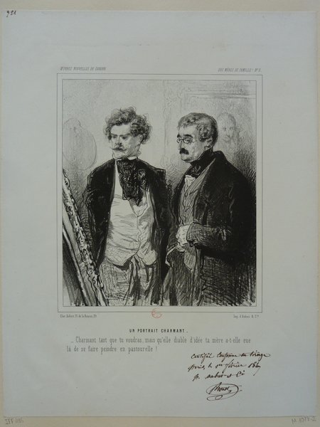 Black-and-white illustration depicting two male figures examining a painting in a studio environment, relevant to the July Monarchy era. The left figure, an artist, holds a palette and brushes. The right figure, an art collector, is equipped with pince-nez. Both subjects exhibit facial hair and are attentively viewing a painting.