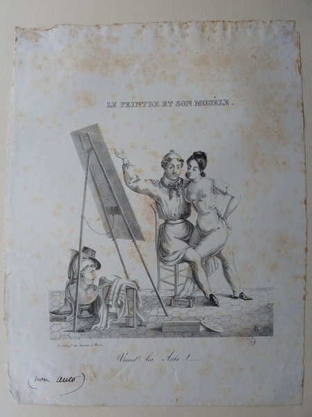 An artist in a smock holding a palette and a brush, standing next to a female model wearing a cap. They are in a studio with an easel and a painting visible. There is also a depiction of an artists' model statue on the floor. The scene suggests a painting session, possibly connecting to themes of romance and restoration. The paper has age-related spots and marks.