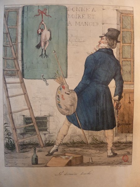 A painter in a blue coat and hat holds a palette and a mahlstick, observing a painting of a hanging plucked bird on a green door next to a ladder. Nearby are a bottle and signs on a street near a store or shop.
