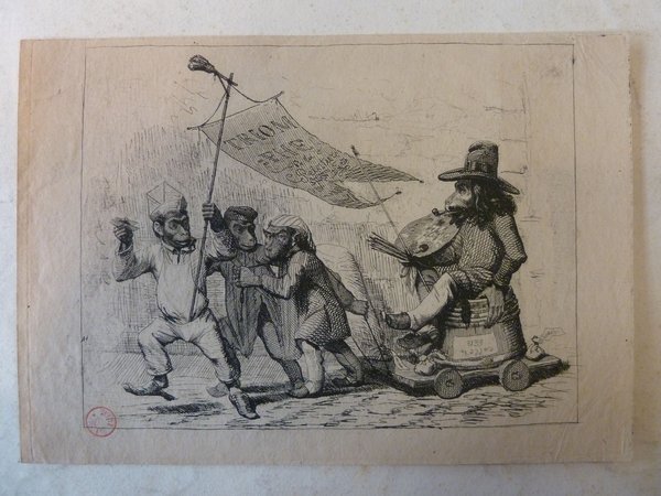 An etching depicting a bohemian artist with long hair and a hat, holding a palette and mahlstick, seated on a cart. Surrounding him are figures including monkeys, one waving a flag, in a street procession scene. The figures display facial hair and wear various hats.