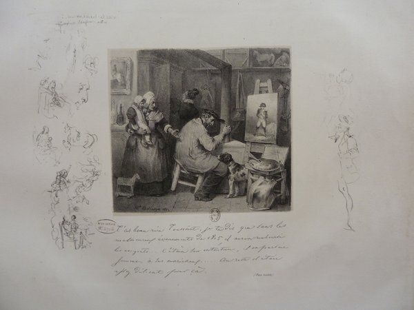 Black and white artwork depicting a painter's studio with occupied artists and a dog. The scene includes a child, women, and accessories like easels, palettes, mahlsticks, and a furnace. Various sketches border the central image, including statues in armor and additional figures, enhancing the artistic theme.