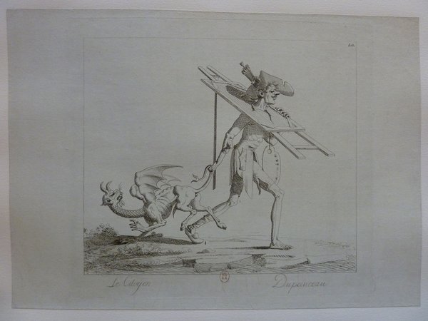 Black and white print of an artist wearing a tricorne hat and carrying an easel, palette, and artists' brushes, fleeing from a chimera outdoors. The print includes intricate line work and is labeled with text at the bottom.