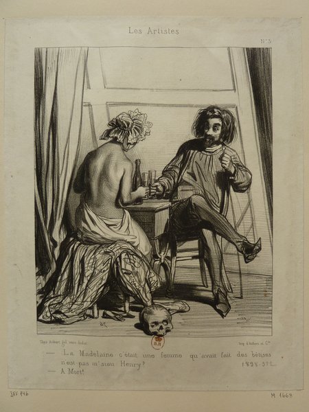 Black and white illustration depicting two artists in a studio: one a female model posed with long hair, partially draped, sitting near a male with facial hair, smock, and long hair, who gazes at her while holding a glass, with alcohol bottles on the table. A skull is on the floor nearby, suggesting a Bohemian theme.