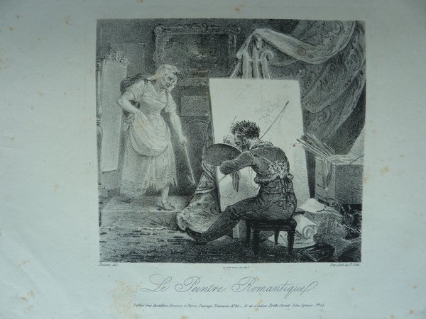 Alt text: An etching depicting a studio scene where a Romantic painter in a military uniform works on a canvas using a palette and mahlstick, while a female model in an outfit poses. Artists’ brushes, paintings, and an easel are visible in the well-decorated space. There is a statue of a head fallen on the floor.