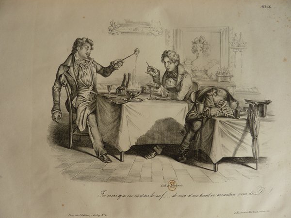 A black and white painting depicting three individuals in a restaurant setting during the July Monarchy era. One man wearing a top hat sits at a table, examining his spoon, another with facial hair and a hat leans over the table, and a third person appears to be asleep by a table with an umbrella propped against it. There are bottles and glasses on their table, indicating eating and drinking.
