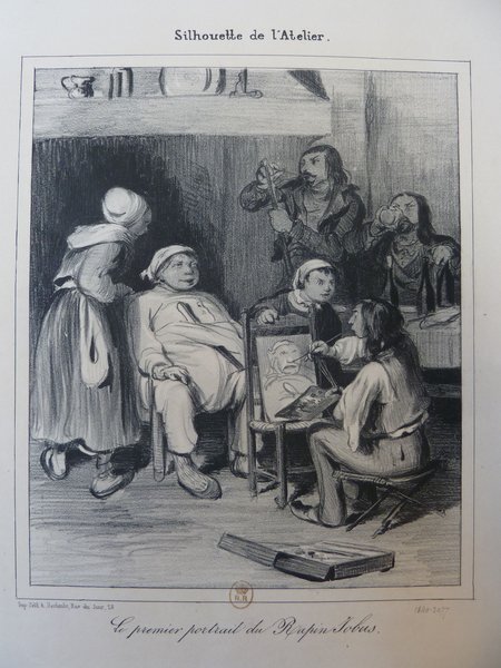 A monochrome illustration depicting an indoor scene with multiple figures, including men with long hair, and a woman, involved in various activities such as painting, playing instruments, and drinking. There are visible elements like artists' brushes, a palette, bottles of alcohol, and paintings. The setting suggests an artists' studio during the July Monarchy era.