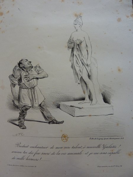 An illustration from the July Monarchy period depicting a scene in a sculptor's studio. It shows a hunched male sculptor in a smock, looking up admirably at a nearly finished statue of a draped female figure. Various sculpting tools can be seen around the studio.