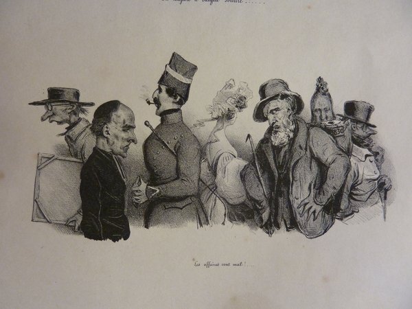 Black and white illustration depicting various figures from the July Monarchy era including Louis Philippe and other politicians, plus a painter working on a painting. There are men and a woman on a street, some wearing top hats, pince-nez, and various period attire.