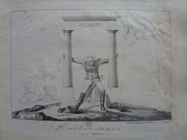 A historical engraving depicting a classical allegorical scene with figures and architectural elements. Features include a figure resembling Napoleon Bonaparte near a prominent column labeled "CHARTE", and an allegorical female figure resembling Athena. The setting appears outdoors with elements suggesting themes of time and political restoration.