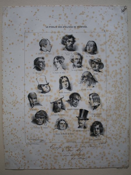 Collection of illustrated portraits depicting various individuals related to art, including male and female models, artists, art critics, and students. The figures are shown with distinct features: some with facial hair, wearing hats, and with long hair. Notable accessories include pince-nez and pipes. The page background shows aging with brown spots.