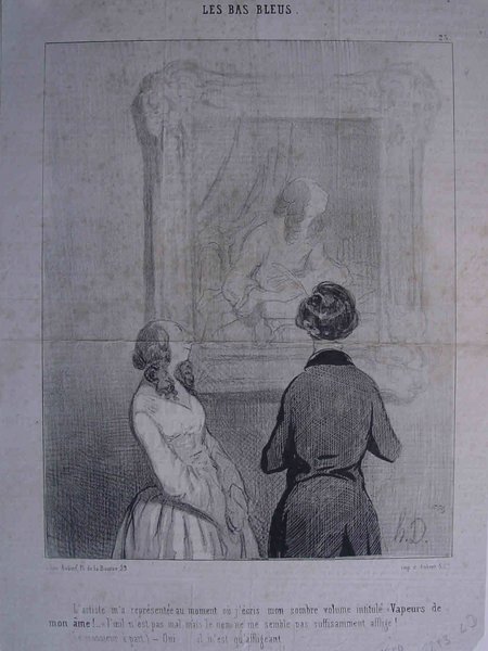 An etching depicting three women in smocks, indoors during the July Monarchy era. Two women, likely portrait sitters or artists' models, are shown from behind observing a third woman sitting and engaged in an artistic activity.