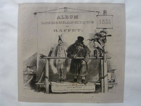 An 1835 lithograph titled "ALBUM LITHOGRAPHIQUE par RAFFET" depicting characters from Commedia dell'Arte, including a person in a bicorn hat. Other figures visible are a monkey, a cat, and a scene of book selling. The drawing is set on a street during the July Monarchy era, incorporating elements like hats and allegory.