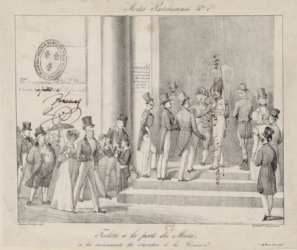 A historical black and white print depicting a gathering of people, predominantly men wearing top hats and bourgeois outfits, at a museum entrance. Women are also present, wearing hats. The setting includes architectural elements like columns, indicative of a salon or a refined street setting. Facial hair is visible on some individuals, suggesting a period-specific style. Restoration signs appear, implying ongoing or past refurbishment.