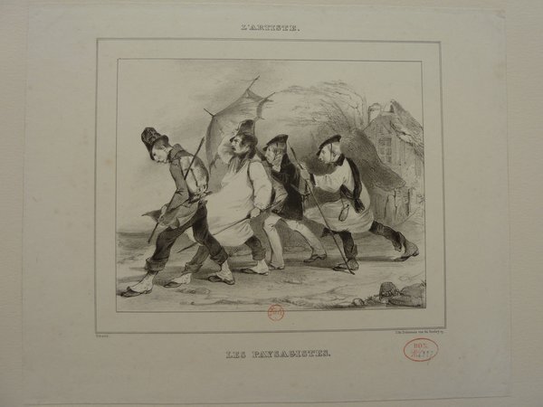 Black and white print depicting four men with canes and umbrellas walking through a rural area during the July Monarchy era. One of the men also displays facial hair. In the background, a landscape featuring a house suggests a rural setting. The image has a vintage quality, typical of 19th-century prints.