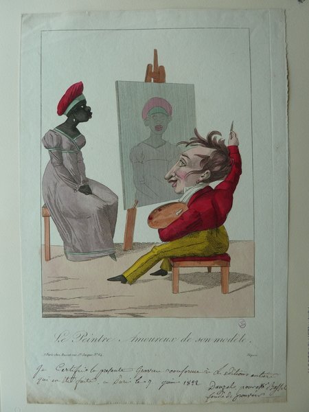 A vintage illustration depicting a man with a caricatured head paints a woman who is sitting to left of him. The man wears a red top and yellow pants. The woman wears a pink dress and a red cap.