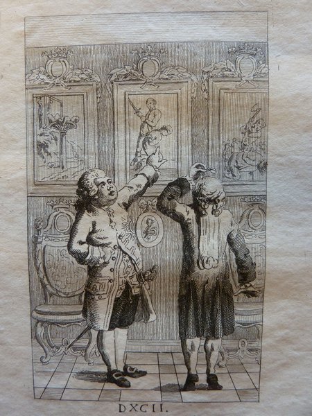 Three men dressed in outfits à la Française, including wigs, engage indoors near paintings depicting floral and military scenes. One man, wearing a pince-nez, gestures animatedly towards a painting while holding a sword.