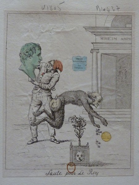 Illustration showing a statue of Napoleon Bonaparte interacting with a monkey in front of a sign labeled "Museum Naho," likely symbolizing allegory and political commentary. The setting appears outdoors, referencing historical and museum themes, possibly associated with Dominique Vivant Denon’s era.