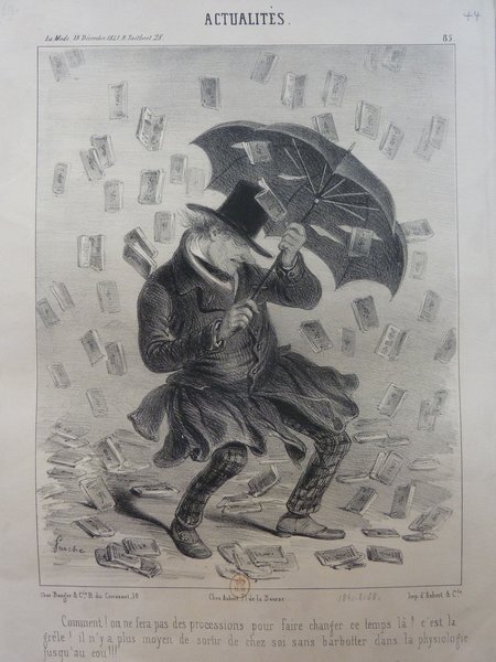 An illustration depicting a man outside wearing a top hat and holding an umbrella, surrounded by books appearing to be falling. The setting suggests the July Monarchy period.
